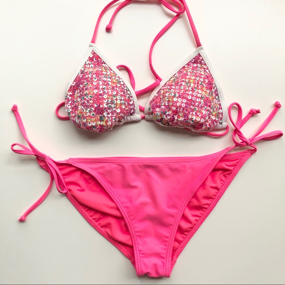 Neon pink & white w/ multi colored sequins bikini